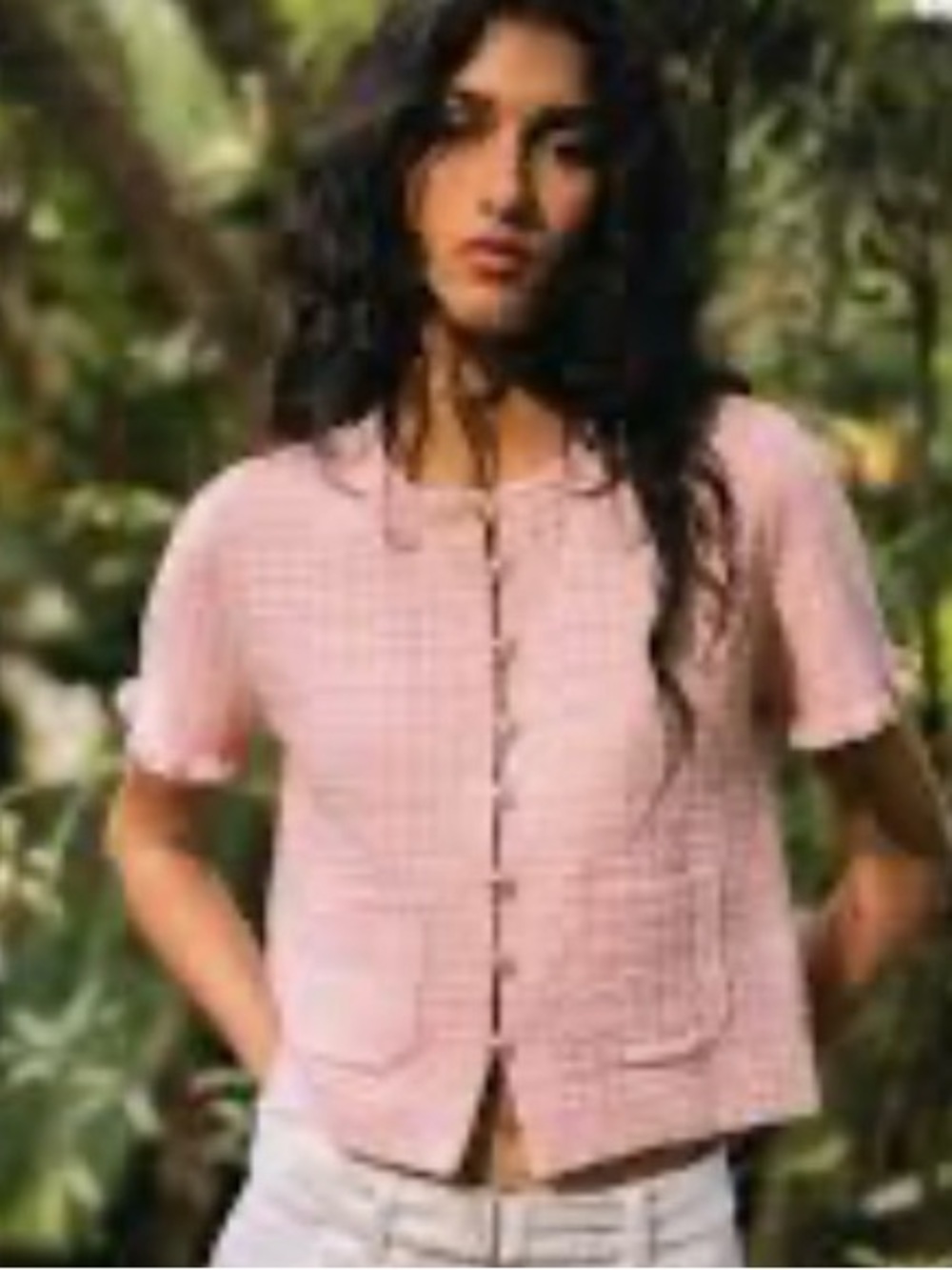 Zara Light Pink Short-Sleeve Button-Up Textured Cardigan-S